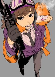 Rule 34 | 1boy, 1girl, animal ears, brown hair, cat, cat ears, cat tail, character request, chatarou (chataro 1214), cigarette, collared shirt, commentary request, copyright request, eyes visible through hair, fangs, from above, garfield, garfield (character), gloves, goggles, goggles on headwear, grey background, grey neckwear, grey pants, gun, half gloves, hat, highres, holding, holding gun, holding weapon, jacket, long hair, long sleeves, looking at viewer, mouth hold, necktie, open mouth, orange fur, pants, partially unzipped, purple headwear, purple jacket, raised eyebrows, shirt, simple background, smoking, swept bangs, tail, trigger discipline, weapon, white shirt