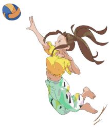 Rule 34 | 1girl, arms up, ball, brown eyes, brown hair, digimon, female focus, from side, full body, green pants, highres, jumping, liecomj, long hair, midriff, navel, pants, playing sports, ponytail, shirt, short sleeves, simple background, solo, tachikawa mimi, volleyball, volleyball (object), white background, yellow shirt