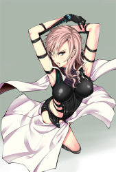 Rule 34 | 10s, 1girl, armor, arms up, artist request, blue eyes, breastplate, cape, final fantasy, final fantasy xiii, gloves, lightning farron, lightning returns: final fantasy xiii, looking at viewer, parted lips, pink hair, strap