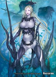 Rule 34 | 1girl, blonde hair, bodysuit, boots, bubble, copyright name, force of will, gloves, long hair, official art, open mouth, pointy ears, polearm, purple eyes, solo, spear, sword, teeth, tongue, tongue out, underwater, weapon