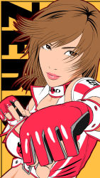 Rule 34 | 1girl, brown hair, fingerless gloves, gloves, green eyes, hinomoto reiko, konami, red gloves, rumble roses, scarf, wrestler
