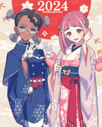 Rule 34 | 2024, 2girls, amarys (pokemon), black hair, blue kimono, blush, braid, brown eyes, closed mouth, coat, creatures (company), dark-skinned female, dark skin, game freak, glasses, gloves, green eyes, hair ornament, hairclip, happy new year, highres, japanese clothes, kimono, lacey (pokemon), long sleeves, looking at viewer, miri (cherryjelly), multicolored hair, multiple girls, new year, nintendo, obi, open clothes, open mouth, pink hair, pink kimono, pokemon, pokemon sv, quad tails, sash, short hair, smile, standing, two-tone hair