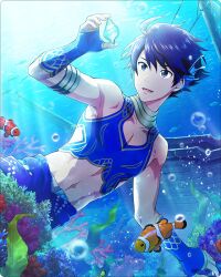 Rule 34 | 1boy, ahoge, air bubble, armlet, armpits, blue eyes, blue hair, bubble, clownfish, coral, fingerless gloves, fingernails, fins, fish, gloves, head fins, idolmaster, idolmaster side-m, idolmaster side-m growing stars, male focus, midriff, navel, official art, pectoral cleavage, pectorals, seaweed, shell, shipwreck, smile, solo, taiga takeru, tank top, tropical fish, underwater
