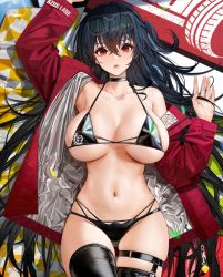 Rule 34 | 1girl, azur lane, bare shoulders, bikini, black bikini, black hair, blush, breasts, choker, collarbone, commentary request, eyewear on head, hair between eyes, highres, jacket, large breasts, long hair, looking at viewer, navel, official alternate costume, race queen, red eyes, red jacket, solo, swimsuit, taihou (azur lane), taihou (enraptured companion) (azur lane), thighhighs, yunsang