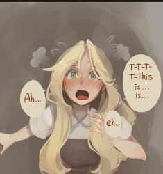 Rule 34 | 1girl, aftersex, apron, blonde hair, blush, brown apron, commentary, cum, cum on neck, dress, embarrassed, english commentary, english text, facing viewer, freckles, green eyes, highres, long hair, open mouth, original, short sleeves, solo, speech bubble, standing, sushoartworks, sweat, white dress