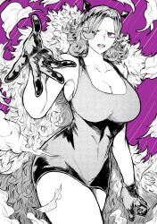 Rule 34 | 1girl, absurdres, armpits, breasts, charlotte galette, cleavage, cloak, collarbone, commentary, cowboy shot, curly hair, curvy, dress, fur cloak, gloves, greyscale with colored background, hair over one eye, highres, horns, large breasts, looking at viewer, medium hair, one piece, open mouth, outstretched hand, parted bangs, purple background, purple eyes, short dress, simple background, sleeveless, sleeveless dress, solo, spot color, standing, taut clothes, taut dress, thick thighs, thighs, yotsumi shiro