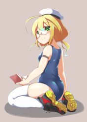 Rule 34 | 10s, 1girl, ass, blonde hair, blue eyes, book, from behind, glasses, hat, i-8 (kancolle), kantai collection, low twintails, name tag, nassukun, one-piece swimsuit, peaked cap, red-framed eyewear, school swimsuit, shoes, sitting, smile, sneakers, solo, swimsuit, thighhighs, twintails, wariza, white thighhighs