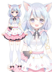 Rule 34 | 1girl, :d, animal ear fluff, animal ears, black hair, blue hair, blush, bow, character request, closed mouth, commentary request, garter straps, hair between eyes, hair bow, hair over shoulder, indie virtual youtuber, long hair, looking at viewer, low twintails, mauve, multicolored hair, multiple views, open mouth, pink bow, pink footwear, pink skirt, pleated skirt, purple eyes, shirt, shoes, simple background, skirt, smile, standing, star-shaped pupils, star (symbol), streaked hair, symbol-shaped pupils, tail, thighhighs, twintails, virtual youtuber, white background, white bow, white shirt, white thighhighs, zoom layer