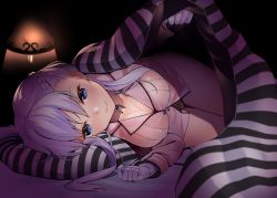 Rule 34 | 1girl, alternate costume, azur lane, bed, bed invitation, belfast (azur lane), black panties, blanket, blouse, braid, breasts, byte (allbyte), cleavage, foreshortening, french braid, gloves, long sleeves, lying, on side, panties, pillow, pink shirt, shirt, smile, solo, thighs, under covers, underwear, white gloves