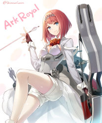 Rule 34 | 10s, 1girl, ark royal (kancolle), arrow (projectile), blue eyes, bob cut, bow (weapon), brown gloves, character name, commentary request, compound bow, corset, fingerless gloves, gloves, holding, holding arrow, holding bow (weapon), holding weapon, huyukaaki, jacket, kantai collection, long sleeves, pantyhose, red hair, rigging, short hair, shorts, solo, tiara, weapon, white jacket, white pantyhose, white shorts