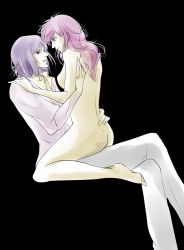 Rule 34 | 00s, 1boy, 1girl, ass, bad id, bad pixiv id, barefoot, clothed male nude female, couple, eye contact, feet, feldt grace, gundam, gundam 00, hetero, holding, looking at another, nude, pink hair, purple hair, sitting, sitting on lap, sitting on person, ta ko, tieria erde