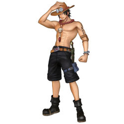 Rule 34 | 1boy, 3d, freckles, full body, hand on headwear, hat, male focus, official art, one piece, one piece: pirate warriors, portgas d. ace, shorts, simple background, solo, standing, tattoo, topless male
