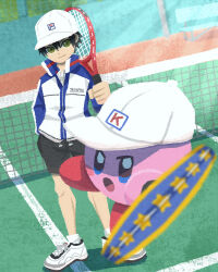 Rule 34 | 1boy, baseball cap, black shorts, blue eyes, blue jacket, blush stickers, closed mouth, crossover, echizen ryooma, green eyes, hand up, hat, highres, holding tennis racket, jacket, kirby, kirby (series), looking at viewer, miclot, nintendo, open mouth, pink footwear, racket, shoes, shorts, smile, sneakers, socks, standing, tennis court, tennis net, tennis no ouji-sama, tennis racket, white footwear, white headwear, white socks