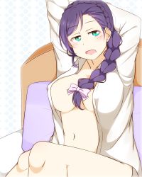 Rule 34 | 10s, 1girl, alternate hairstyle, arms up, bed, blush, bottomless, bow, braid, breasts, cleavage, feitonokesin, green eyes, hair bow, highres, indoors, large breasts, long hair, looking at viewer, love live!, love live! school idol project, navel, no bra, on bed, open clothes, open mouth, open shirt, purple hair, shirt, side ponytail, sideboob, sitting, solo, stretching, tears, tojo nozomi