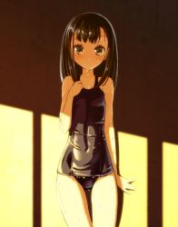 Rule 34 | 1girl, bad id, bad pixiv id, black hair, black one-piece swimsuit, blush, brown eyes, domo1220, long hair, one-piece swimsuit, original, school swimsuit, shiny clothes, solo, swimsuit, wet, window shadow