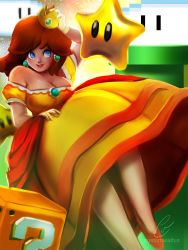 Rule 34 | 1girl, ? block, artist name, bare shoulders, blue eyes, breasts, brooch, brown hair, cleavage, commentary, crown, custom waifus, dress, earrings, english commentary, flower earrings, gloves, glowing, grin, highres, jewelry, lips, long hair, mario (series), mini crown, nintendo, off-shoulder dress, off shoulder, orange footwear, paid reward available, pantyhose, super star (mario), princess daisy, puffy short sleeves, puffy sleeves, paid reward available, short sleeves, signature, simple background, smile, solo focus, super star (mario), super mario land, warp pipe, white gloves, yellow dress