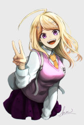 Rule 34 | 1girl, :d, ahoge, akamatsu kaede, backpack, bag, blonde hair, breasts, commentary request, cowboy shot, danganronpa (series), danganronpa v3: killing harmony, eighth note, fortissimo, grey background, hair ornament, hand up, happy, highres, kitsunebi v3kokonn, large breasts, long hair, long sleeves, looking at viewer, miniskirt, musical note, musical note hair ornament, necktie, open mouth, orange necktie, pleated skirt, print skirt, purple skirt, shirt, signature, simple background, skirt, smile, solo, sweater vest, teeth, upper teeth only, v, white shirt