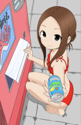 Rule 34 | 1girl, artist request, barefoot, bikini, brown eyes, brown hair, can, collarbone, flat chest, frilled bikini, frills, from above, full body, giving, highres, holding, holding can, karakai jouzu no takagi-san, looking at viewer, looking to the side, looking up, outdoors, red bikini, sidelocks, smile, solo, squatting, swimsuit, tagme, takagi-san