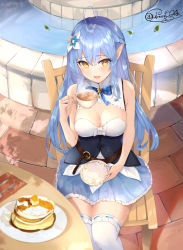 Rule 34 | 1girl, :d, absurdres, ahoge, bare shoulders, belt, blue dress, blue hair, blue ribbon, braid, breasts, brick road, brown belt, chair, cleavage, clothing cutout, commentary, cup, dress, elf, flower, food, fountain, from above, hair between eyes, hair flower, hair ornament, half updo, heart, heart ahoge, highres, holding, holding cup, holding plate, hololive, huge filesize, large breasts, leaf, long hair, looking at viewer, neck ribbon, open mouth, pancake, plate, pointy ears, ribbon, shiina aoi, sitting, smile, solo, teacup, thighhighs, virtual youtuber, white thighhighs, yellow eyes, yukihana lamy