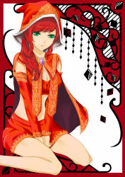 Rule 34 | 00s, 1girl, bare legs, cloak, colored eyelashes, detached sleeves, green eyes, hat, hood, maplestory, midriff, oz (maplestory), red hair, red hat, skirt, solo, strapless, tube top