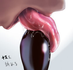 Rule 34 | 1girl, close-up, eggplant, kabeu mariko, licking, long tongue, open mouth, original, phallic symbol, saliva, sexually suggestive, solo, tongue, tongue out