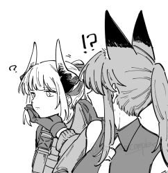 Rule 34 | !?, 2girls, ?, animal ears, arknights, bare shoulders, closed mouth, collared shirt, commentary request, covered face, dragon girl, dragon horns, expressionless, fox ears, fox girl, franka (arknights), gloves, greyscale, hand on another&#039;s chin, haruichi (sazanami complex), horns, liskarm (arknights), long hair, long sleeves, looking ahead, looking at another, monochrome, multiple girls, necktie, ponytail, profile, shirt, short hair, sidelocks, simple background, turning head, twitter username, unfinished, upper body, watermark