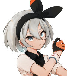 Rule 34 | 1girl, bea (pokemon), black hairband, blue eyes, bow hairband, closed mouth, collared shirt, commentary, creatures (company), dark-skinned female, dark skin, dynamax band, eyelashes, game freak, gloves, grey hair, gym leader, hair between eyes, hairband, hand up, looking at viewer, nintendo, partially fingerless gloves, pokemon, pokemon swsh, shirt, short hair, short sleeves, solo, upper body, yun (yunjirou)
