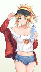 Rule 34 | 1girl, absurdres, blonde hair, blue shorts, bottle, breasts, cowboy shot, denim, denim shorts, fate/grand order, fate (series), green eyes, highres, holding, holding bottle, jacket, long sleeves, micro shorts, mordred (fate), mordred (fate/apocrypha), navel, open clothes, open jacket, ponytail, red jacket, reinaz, shirt, shorts, small breasts, solo, standing, visor cap, white shirt