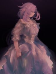 Rule 34 | 1girl, black background, choker, closed eyes, closed mouth, dress, elysia (honkai impact), facing to the side, frilled dress, frills, highres, honkai (series), honkai impact 3rd, long hair, minxinq, multicolored background, off-shoulder dress, off shoulder, pink dress, pink hair, pointy ears, purple background, ribbon, short sleeves, solo