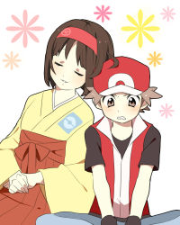 Rule 34 | 00s, 1boy, 1girl, age difference, bad id, bad pixiv id, baseball cap, black hair, blush, brown hair, couple, creatures (company), erika (pokemon), game freak, gloves, gym leader, hairband, hat, japanese clothes, kimono, nintendo, older woman and younger man, open mouth, pokemon, pokemon frlg, pumpkinpan, red (pokemon), short hair, simple background, smile, wavy mouth, white background
