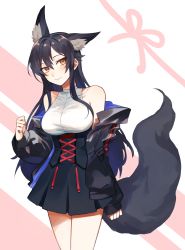 Rule 34 | 1girl, absurdres, animal ear fluff, animal ears, bad id, bad twitter id, bare shoulders, black jacket, black skirt, blush, borrowed character, breasts, closed mouth, commentary, english commentary, extra ears, fox ears, fox tail, head tilt, high-waist skirt, highres, jacket, large breasts, legs together, long hair, looking at viewer, off shoulder, open clothes, open jacket, orange eyes, original, shirt, skirt, sleeveless, sleeveless shirt, smile, solo, standing, tail, tsu (lovesick1964), yoru (character)