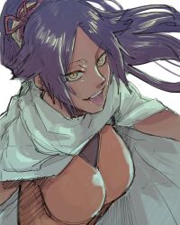 Rule 34 | 1girl, bleach, bleach: sennen kessen-hen, breasts, cape, highres, large breasts, long hair, ponytail, purple hair, shihouin yoruichi, solo, tongue, tongue out