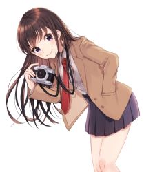 Rule 34 | 1girl, bad id, bad pixiv id, black skirt, blazer, brown hair, camera, collared shirt, commentary, hand in pocket, hand up, holding, holding camera, jacket, leaning forward, long hair, looking at viewer, necktie, original, oto (8731832), pleated skirt, purple eyes, red necktie, school uniform, shirt, simple background, skirt, smile, solo, thighs, white background, white shirt