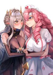 Rule 34 | 2girls, absurdres, black dress, blush, breasts, commission, demon girl, demon horns, demon tail, dress, drill hair, grey hair, grin, hakusyokuto, hat, highres, holding hands, horns, indie virtual youtuber, kagome (vtuber), large breasts, long hair, looking at another, mole, mole under eye, multiple girls, nose blush, nurse, nurse cap, pink hair, pointy ears, puffy short sleeves, puffy sleeves, purple eyes, short sleeves, skeb commission, smile, stitched arm, stitched neck, stitches, tail, torn clothes, torn dress, twin drills, undead, virtual youtuber, white dress, white headwear, yellow eyes, yuri, zombie
