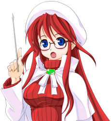 Rule 34 | 1girl, aty, aty (summon night), blue eyes, brooch, cloak, face, glasses, hat, jewelry, long hair, open mouth, pointer, red hair, ribbed sweater, solo, summon night, summon night 3, sweater, turtleneck, yamaguchi homupe