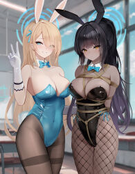Rule 34 | 2girls, absurdres, animal ears, aqua leotard, arms behind back, asuna (blue archive), asuna (bunny) (blue archive), awaji, bdsm, black hair, blue archive, blue bow, blue bowtie, blue eyes, bondage, bound, bound arms, bow, bowtie, breasts, brown pantyhose, classroom, commentary request, cowboy shot, crotch rope, dark-skinned female, dark skin, desk, detached collar, fake animal ears, fake tail, fishnet pantyhose, fishnets, gloves, hair over one eye, halo, highleg, highleg leotard, highres, indoors, karin (blue archive), karin (bunny) (blue archive), large breasts, leotard, light brown hair, long hair, looking at viewer, multiple girls, official alternate costume, pantyhose, playboy bunny, purple hair, rabbit ears, rabbit tail, restrained, school desk, shibari, shibari over clothes, smile, standing, strapless, strapless leotard, tail, thighband pantyhose, traditional bowtie, v, very long hair, white gloves, window, yellow eyes
