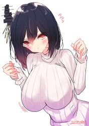 1girl absurdres black_hair headgear highres kantai_collection momimaki one-hour_drawing_challenge red_eyes ribbed_sweater short_hair simple_background solo sweater upper_body w_arms white_background white_sweater yamashiro_(kancolle)