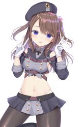 Rule 34 | 1girl, :p, azur lane, beret, black hat, blue eyes, blush, brown hair, brown pantyhose, closed mouth, crop top, cross, double v, gloves, grey sailor collar, grey shirt, grey skirt, hair between eyes, hair ribbon, hands up, hat, highleg, highleg panties, highres, iron cross, izumo neru, leaning to the side, long hair, long sleeves, looking at viewer, navel, panties, pantyhose, pink ribbon, pleated skirt, ribbon, sailor collar, shirt, simple background, skirt, smile, solo, tongue, tongue out, two side up, underwear, v, white background, white gloves, white panties, z35 (azur lane)