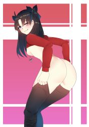 Rule 34 | absurdres, ass, blush, breasts, clothes lift, fate/stay night, fate (series), from behind, from side, highres, jewelry, kuroe prime, kuroeart, looking at viewer, multicolored hair, necklace, one eye closed, putting on legwear, shirt lift, thighhighs, thighs, tohsaka rin, tongue, tongue out, twintails, two-tone hair, wink