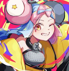Rule 34 | 1girl, absurdres, blue hair, bow-shaped hair, character hair ornament, creatures (company), game freak, hair ornament, hexagon print, highres, iono (pokemon), jacket, long hair, low-tied long hair, multicolored hair, naki tamago, nintendo, oversized clothes, pink hair, pokemon, pokemon sv, sharp teeth, shirt, sleeveless, sleeveless shirt, sleeves past fingers, sleeves past wrists, solo, teeth, twintails, two-tone hair, very long hair, very long sleeves, x, yellow jacket