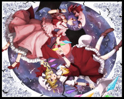 Rule 34 | 2girls, ascot, bad id, bad pixiv id, bat wings, blonde hair, bow, brooch, dress, flandre scarlet, full moon, furapechi, holding hands, hat, hat bow, jewelry, light purple hair, looking at viewer, mob cap, moon, multiple girls, open mouth, pink dress, puffy short sleeves, puffy sleeves, red moon, remilia scarlet, shirt, short sleeves, siblings, side ponytail, sisters, skirt, skirt set, touhou, vest, wings, wrist cuffs