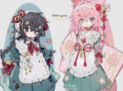 Rule 34 | 2girls, animal ears, apron, artist name, bell, black eyes, black hair, bow, braid, chizunyanko, closed mouth, dated, dress, floral print, flower, frilled apron, frills, grey eyes, hair between eyes, hair bow, hair flower, hair ornament, highres, japanese clothes, kimono, long hair, long sleeves, looking at viewer, maid, maid apron, maid headdress, multiple girls, neckerchief, open mouth, original, pink hair, pink kimono, red bow, red neckerchief, ribbon, signature, sleeves past fingers, sleeves past wrists, smile, tassel, twin braids, wa maid, white apron, wide sleeves, x hair ornament