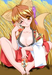 Rule 34 | 1girl, animal ears, barefoot, blush, breasts, brown eyes, brown hair, cleavage, feet, fox ears, fox tail, japanese clothes, long hair, looking at viewer, miko, nipple slip, nipples, one eye closed, ribbon, sitting, smile, solo, tail, wheat, wink
