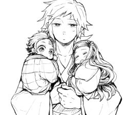 Rule 34 | 1girl, 2boys, aged down, bad id, bad pixiv id, brother and sister, carrying, child, child carry, closed eyes, curious, drooling, facing viewer, greyscale, hanten (clothes), haori, japanese clothes, kamado nezuko, kamado tanjirou, kimetsu no yaiba, kimono, long hair, long sleeves, looking at viewer, looking back, monochrome, multiple boys, parted lips, sanpaku, scar, scar on face, scar on forehead, siblings, simple background, sitting, sleeping, sweatdrop, takegin, time paradox, tomioka giyuu, very long hair, white background