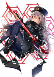 Rule 34 | 1girl, absurdres, black cape, black hat, black jacket, black scarf, blush, boots, cape, closed mouth, crossed legs, deogho (liujinzy9854), duel monster, glowing, glowing sword, glowing weapon, grey hair, hair between eyes, hat, highres, jacket, long hair, looking at viewer, low twintails, pantyhose, peaked cap, pelt, red eyes, scarf, sky striker ace - roze, solo, twintails, two-tone background, two-tone dress, upper body, weapon, white background, yu-gi-oh!