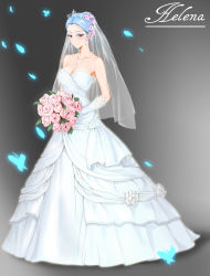 Rule 34 | 1girl, absurdres, azur lane, bare shoulders, bouquet, breasts, bridal gauntlets, bug, butterfly, character name, cleavage, closed mouth, collarbone, dress, flower, full body, grey background, hair bun, helena (azur lane), highres, insect, jewelry, large breasts, laserflip, long dress, looking at viewer, necklace, petals, pink flower, pink rose, purple eyes, rose, single hair bun, smile, solo, standing, tiara, wedding dress, white dress