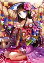 Rule 34 | 1girl, absurdres, bare shoulders, black hair, blue eyes, blunt bangs, breasts, cherry blossoms, cleavage, floral print, flower, fuzichoco, hair flower, hair ornament, highres, japanese clothes, kimono, long hair, obi, parted lips, petals, sash, scan, seiza, sidelocks, sitting, solo