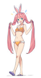 Rule 34 | 1girl, :d, animal ears, bikini, breasts, brown bikini, cleavage, fang, frilled bikini, frills, green eyes, hair ornament, happy, highres, holding, holding own hair, long hair, looking at viewer, open mouth, original, pink hair, rabbit ears, saiste, slippers, smile, solo, swimsuit, twintails, very long hair, walking, white background, yellow bikini