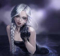 Rule 34 | 1girl, arm support, artist name, bare shoulders, black dress, black flower, black rose, braid, braided ponytail, breasts, cjjcha, cleavage, copyright request, dark, dress, floating hair, flower, grey eyes, grey hair, hair between eyes, hair over shoulder, hand up, head tilt, highres, holding, horizon, lips, long hair, looking at viewer, lower teeth only, medium breasts, nose, open mouth, partially submerged, red lips, ripples, rose, simple background, single braid, solo, tears, teeth, upper body, water