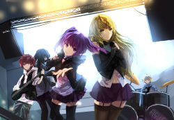 Rule 34 | 2boys, 3girls, aisha landar, black gloves, black hair, black legwear, blonde hair, character name, character request, chung seiker, copyright name, elbow gloves, elsword, elsword (character), garter straps, gloves, guitar, highres, holding, holding instrument, holding microphone, instrument, long hair, looking at viewer, microphone, multiple boys, multiple girls, music, open mouth, pantyhose, playing instrument, pleated skirt, pointy ears, purple eyes, purple hair, purple skirt, red hair, rena erindel, short hair, skirt, spiked hair, swd3e2, thighhighs, twintails, yellow eyes, zettai ryouiki
